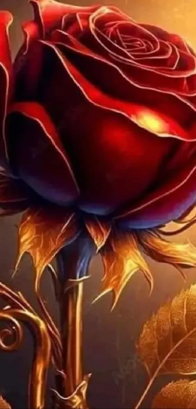 Red rose with golden leaves wallpaper for mobile