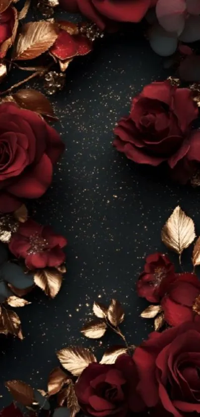 Elegant red roses and gold leaves on dark background.