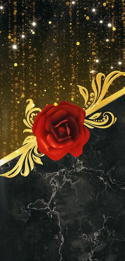 Mobile wallpaper with red rose and gold accents on marble.