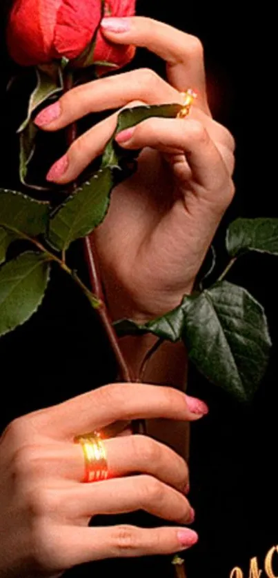 Hands holding a rose in elegant floral wallpaper.