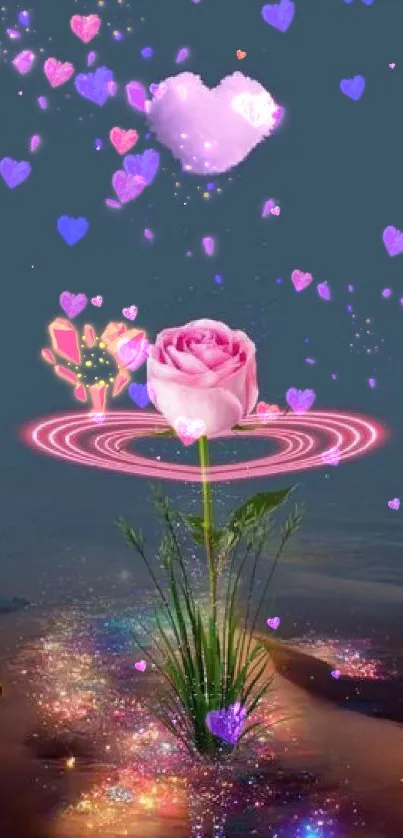 Pink rose and heart on fantasy starry background.