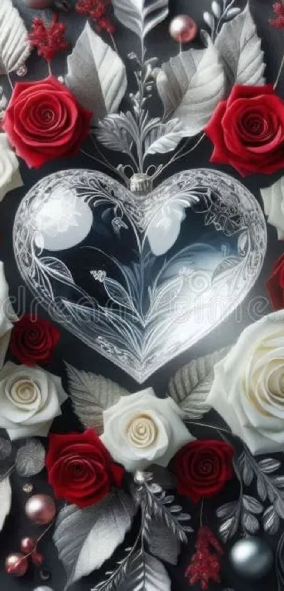 Elegant crystal heart with red and white roses on floral background.