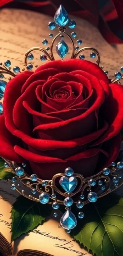 Luxurious red rose with jeweled tiara on open book.