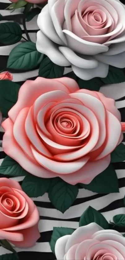 Pink roses with dark green leaves on striped background.