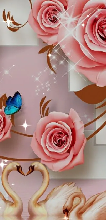 Elegant mobile wallpaper with pink roses, swans, and a blue butterfly.