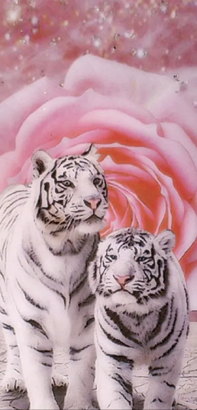 White tigers with pink rose background wallpaper.