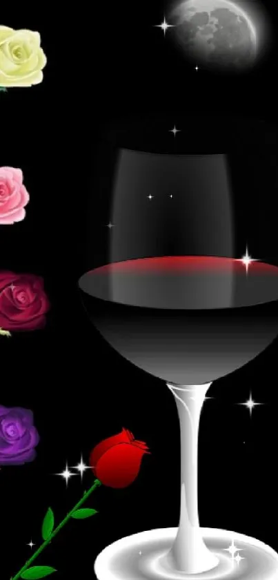 Wallpaper with roses, wine glass, and moon against a black background.