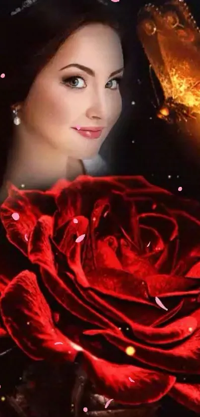 Mobile wallpaper of a woman with a red rose and a glowing lizard.