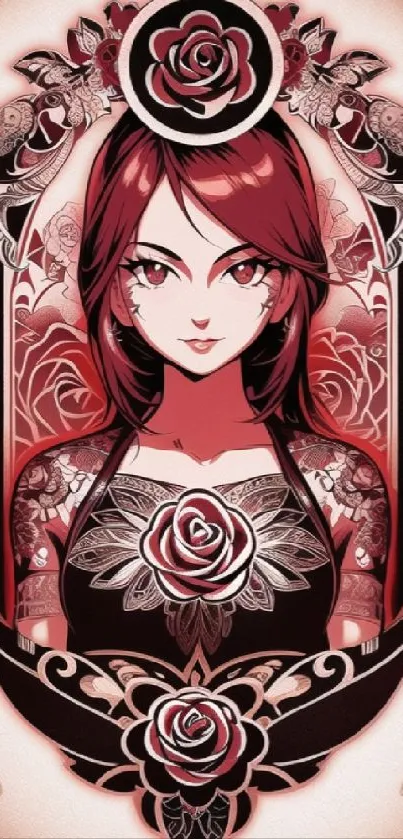 Anime art with red roses and intricate designs.