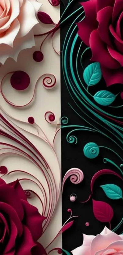 Elegant wallpaper with intricate rose patterns and dark-light theme.