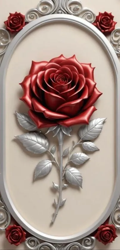 Elegant and intricate red rose design on a decorative background.