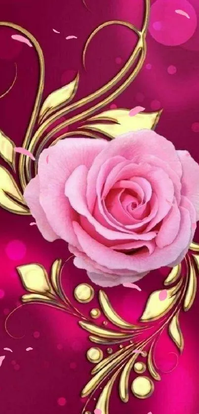 Elegant pink rose with golden design on magenta background.
