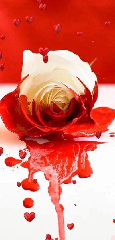 White rose dipped in vibrant red paint on mobile wallpaper.