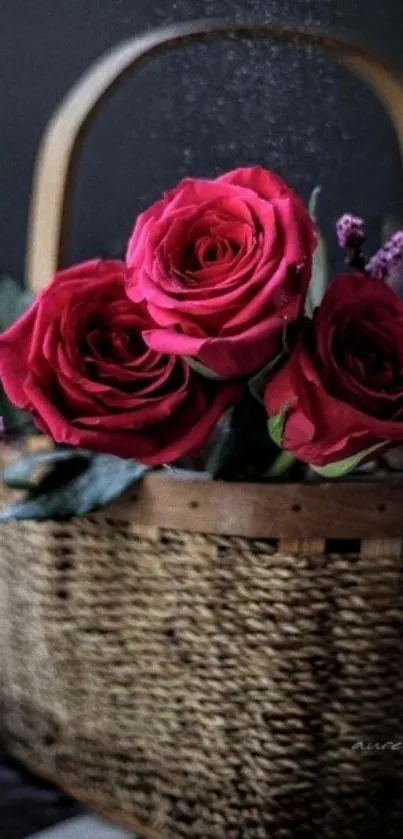 Vibrant red roses in a woven basket.