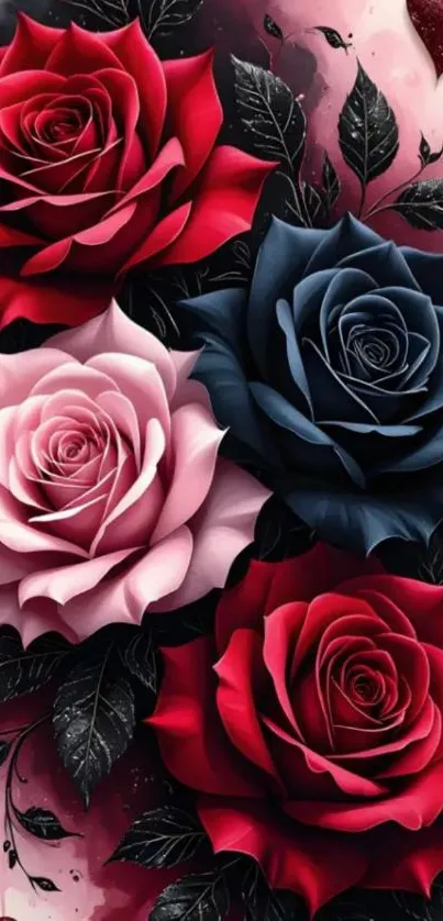 Vibrant red, pink, and dark blue roses on wallpaper