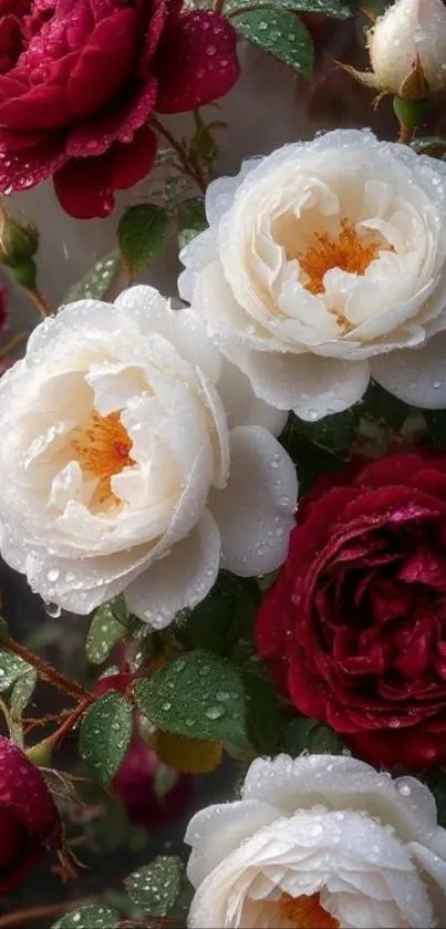 Vibrant red and white roses with dewdrops