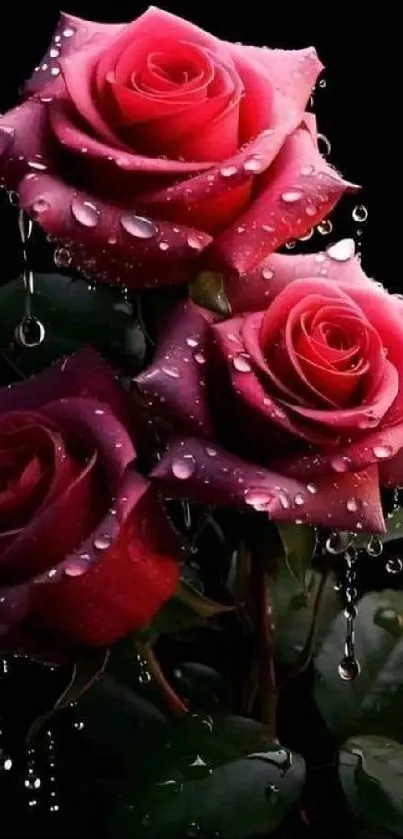 Elegant pink roses with dewdrops on dark background.