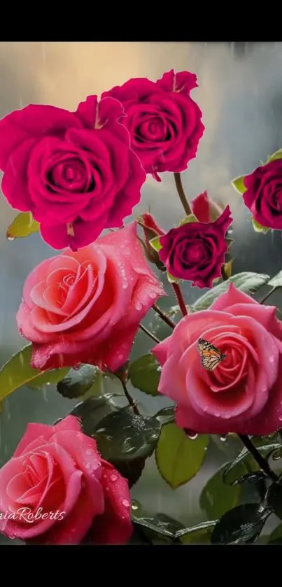 Vibrant red and pink roses with raindrops on a lush green background.