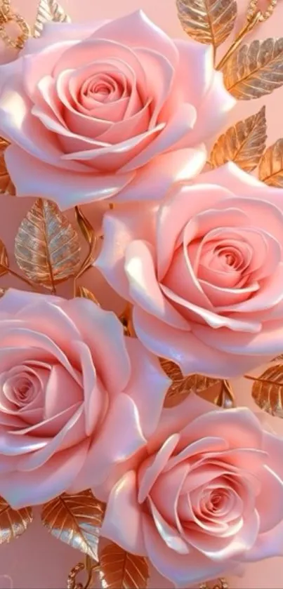 Aesthetic mobile wallpaper with pink roses and golden leaves.