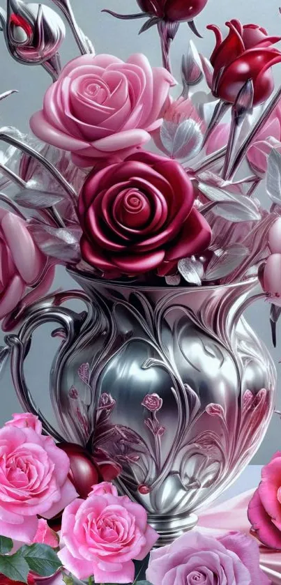 Elegant silver vase with pink roses