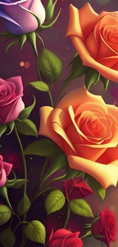 Vibrant bouquet of colorful roses on starry background.