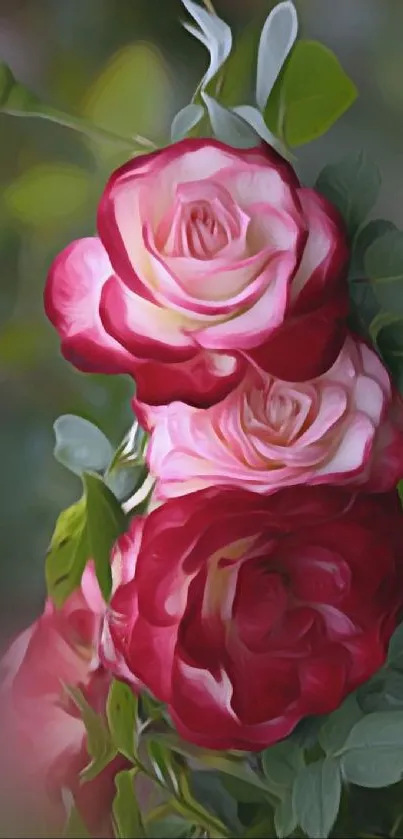 Elegant artwork of red and pink roses on a green leafy background.