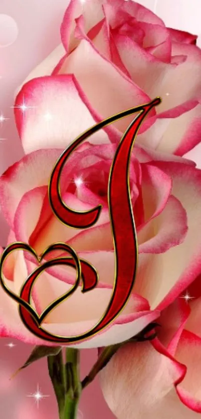 Pink and white rose wallpaper with an elegant letter J design.