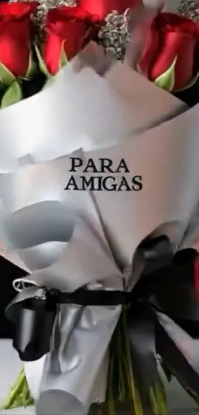 Beautifully wrapped bouquet of red roses for friends.