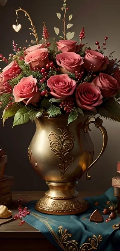 Gold vase with pink rose bouquet and decorative elements.