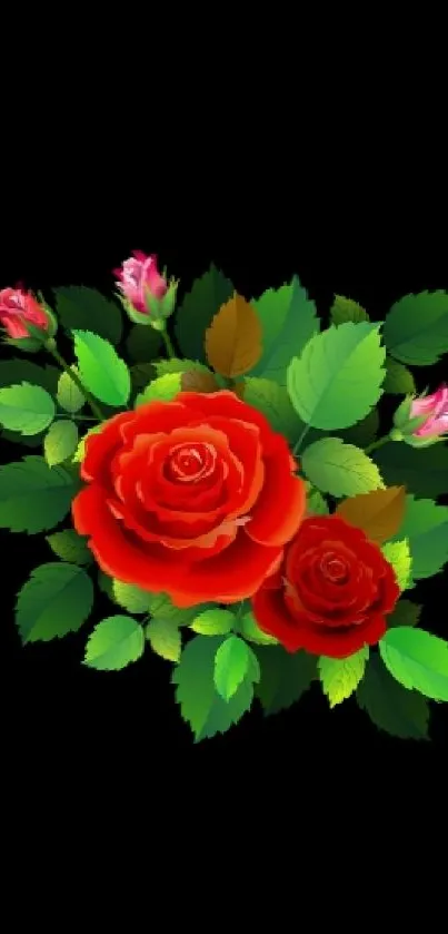 Elegant red rose and green leaf bouquet on black background.