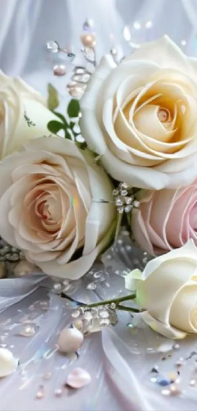 Elegant bouquet of white and pink roses with pearl details.