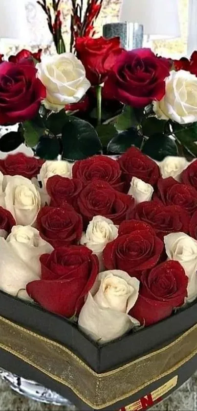 Heart-shaped bouquet of red and white roses on display.