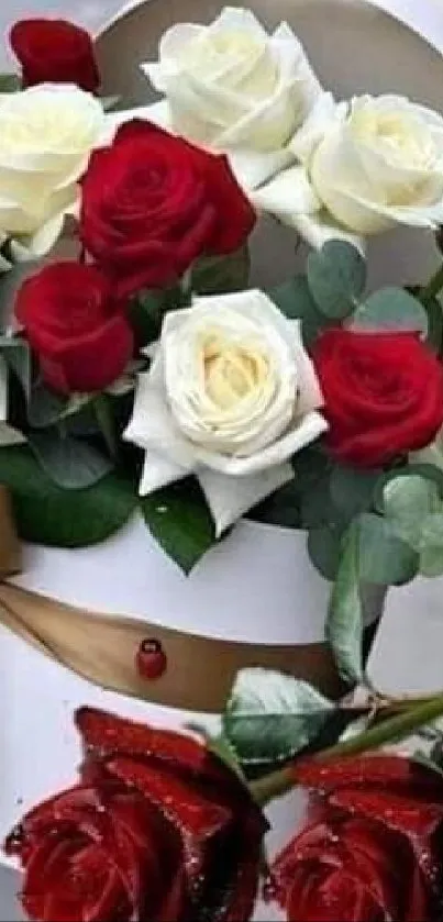 Elegant bouquet of red and white roses in a luxurious arrangement.