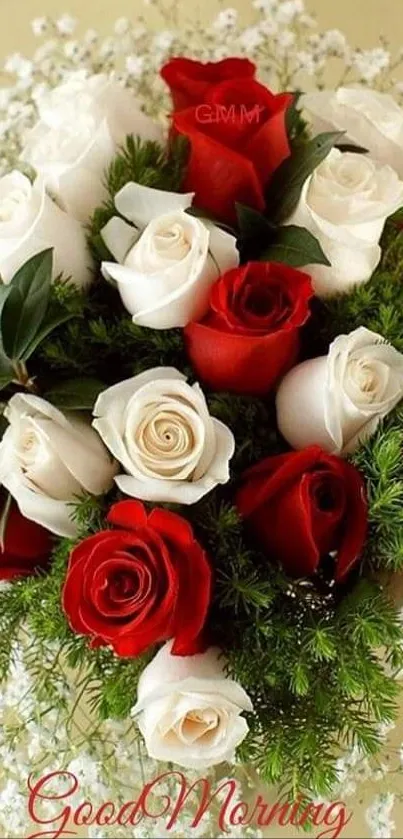 Elegant bouquet of red and white roses, perfect for mornings.