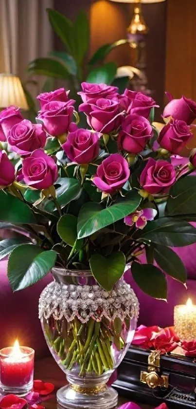 Elegant pink rose bouquet with candles in a cozy setting.