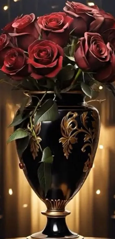 Elegant vase with red roses against glowing lights.
