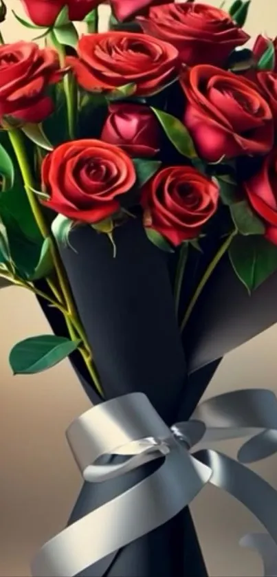 Bouquet of red roses with black paper and silver ribbon.