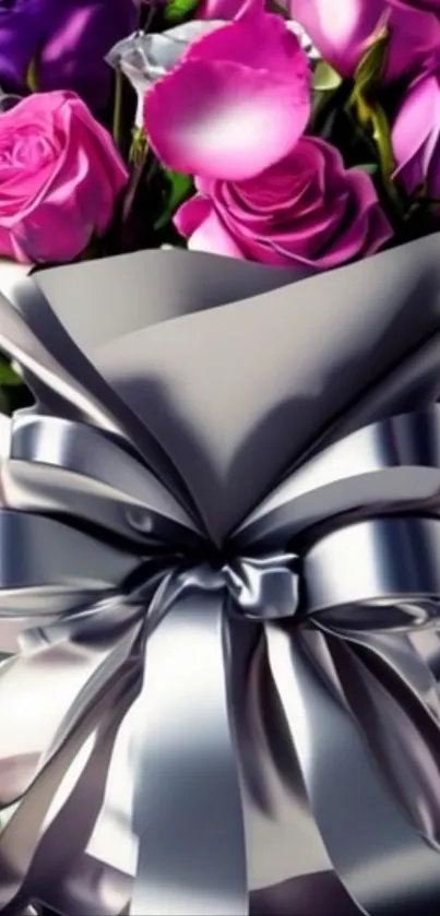 Elegant bouquet of pink and purple roses wrapped in silver ribbon.