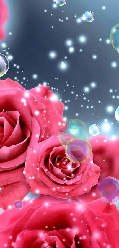 Vibrant pink roses with bubbles and sparkles in a captivating wallpaper design.