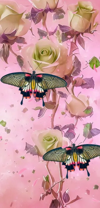 Elegant butterflies with pastel roses on a pink background.