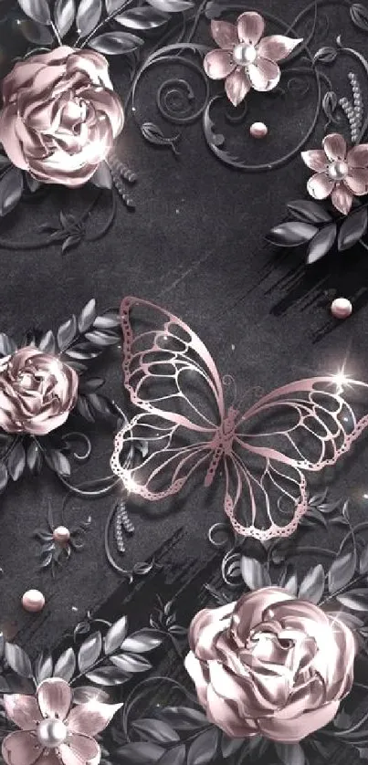 Elegant wallpaper with roses and butterfly on a black background.