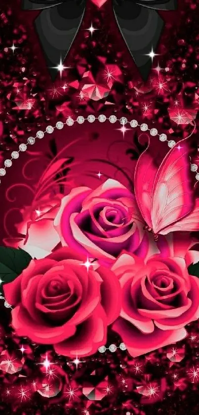 Elegant wallpaper with pink roses, butterfly, and jewels on a maroon background.