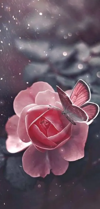 Butterfly perched on a pink rose in calming hues.