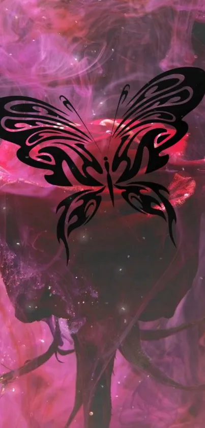 Mobile wallpaper with black butterfly on a red rose and pink smoke background.