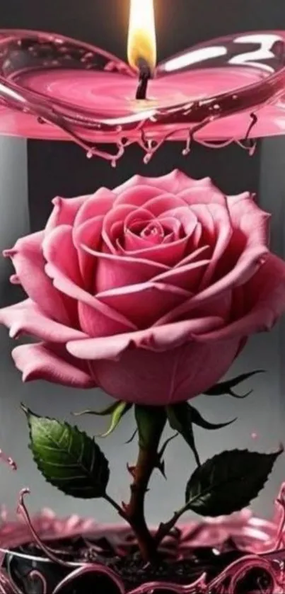 Pink rose inside a heart-shaped candle with flame.