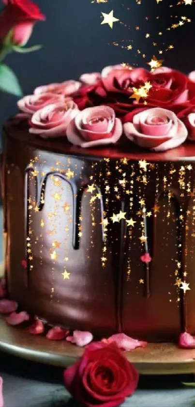 Chocolate cake with roses and golden stars.