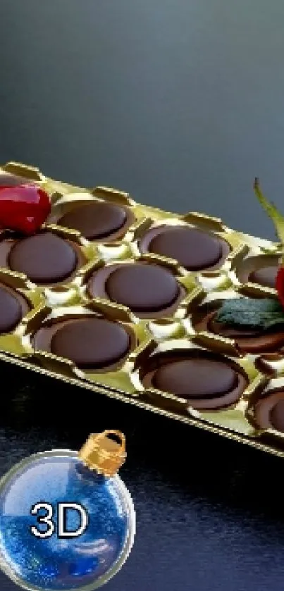 Chocolate tray with red rose on a black textured background.