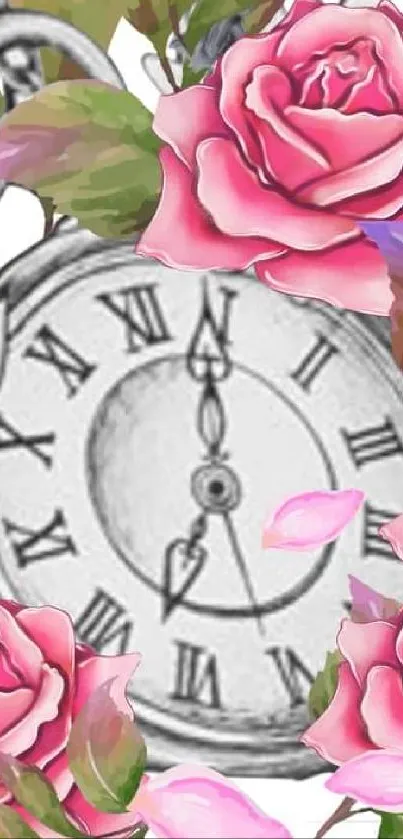 Vintage clock surrounded by roses and butterflies on a mobile wallpaper.