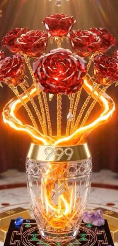 Crystal vase with glowing red roses and a golden aura.