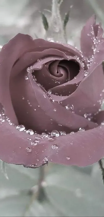 Dew-covered rose with soft petals in dusty rose color.